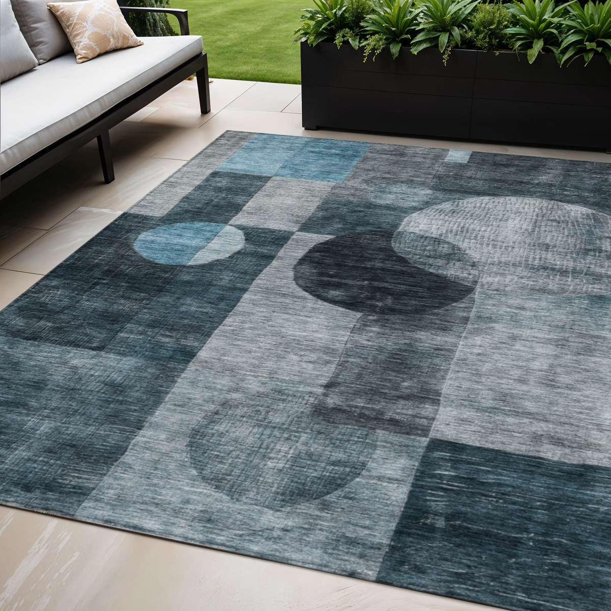 5' X 8' Teal Blue Gray And Charcoal Geometric Washable Indoor Outdoor Area Rug-604343-1