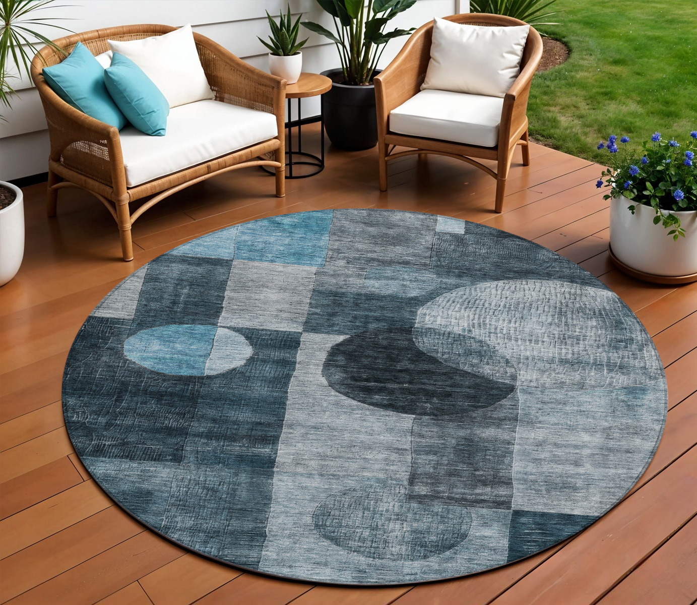 8' Teal Blue Gray And Charcoal Round Geometric Washable Indoor Outdoor Area Rug-604344-1