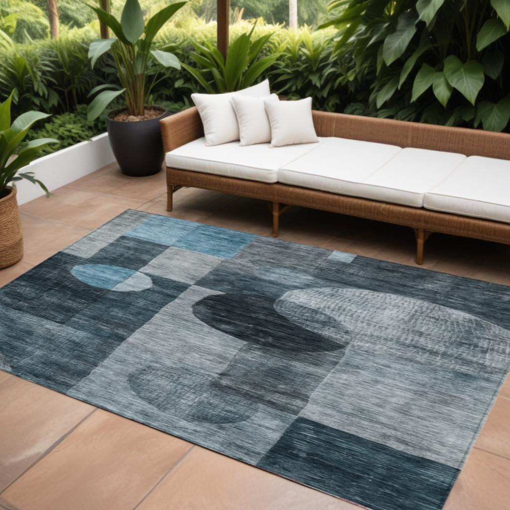 9' X 12' Teal Blue Gray And Charcoal Geometric Washable Indoor Outdoor Area Rug-604346-1