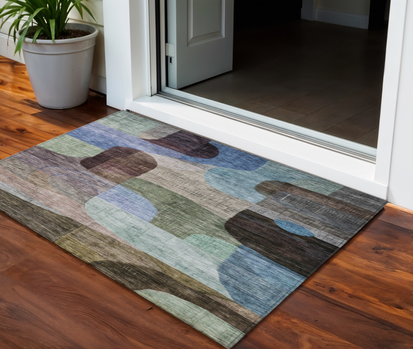 3' X 5' Brown Blue And Green Abstract Washable Indoor Outdoor Area Rug-604354-1