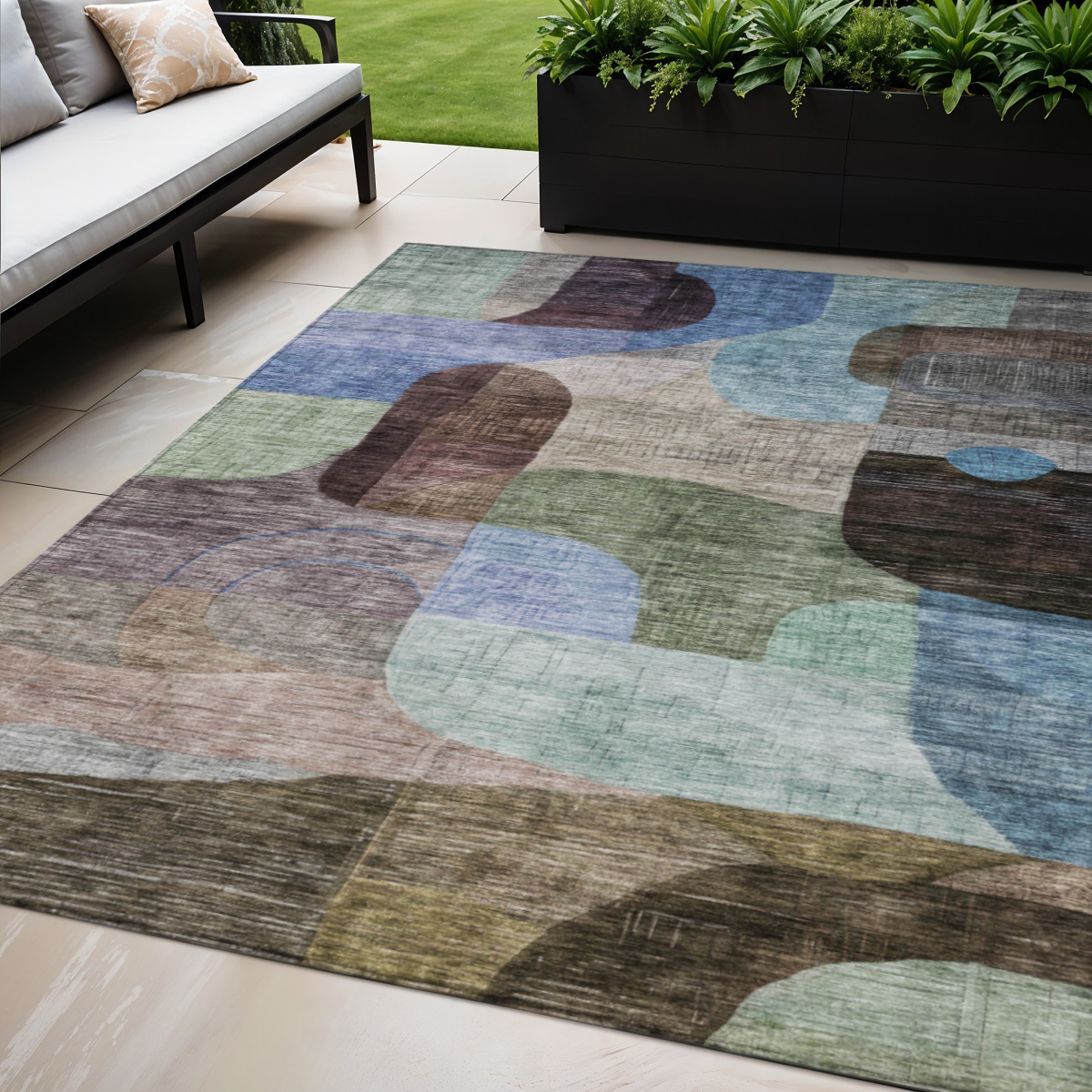 5' X 8' Brown Blue And Green Abstract Washable Indoor Outdoor Area Rug-604355-1