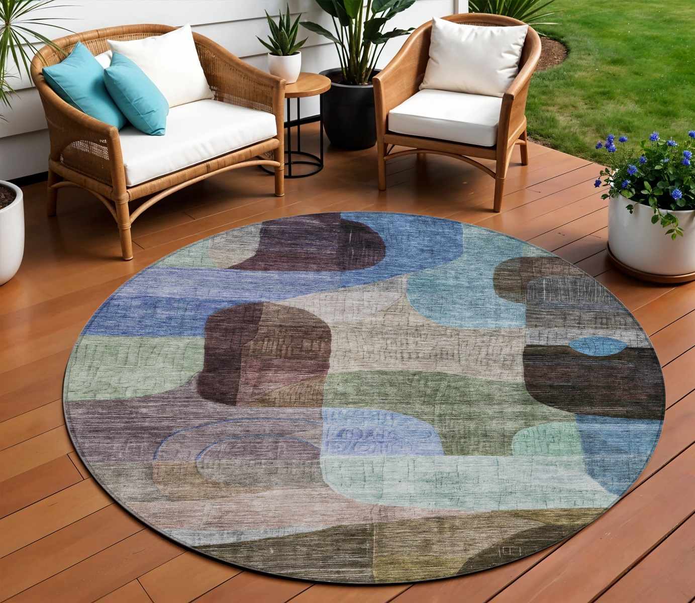 8' Brown Blue And Green Round Abstract Washable Indoor Outdoor Area Rug-604356-1