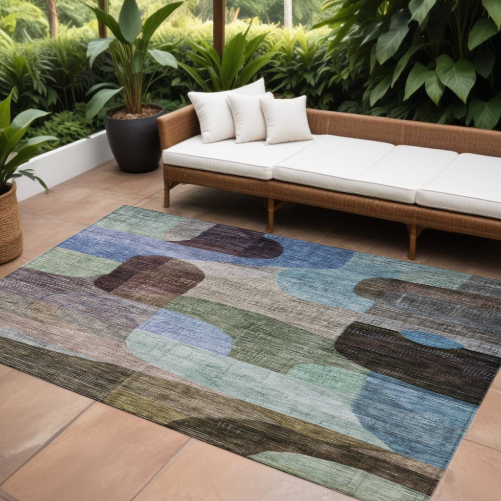 8' X 10' Brown Blue And Green Abstract Washable Indoor Outdoor Area Rug-604357-1