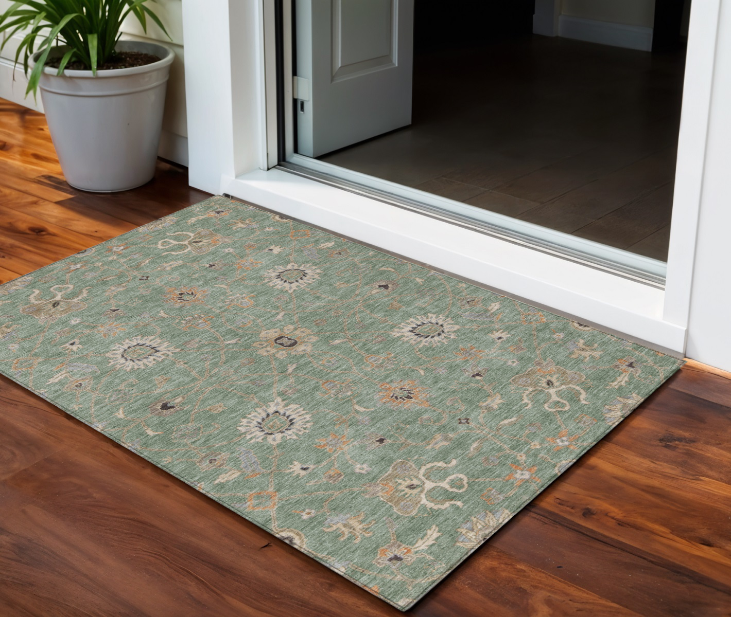 3' X 5' Artichoke Green Ivory And Coral Floral Washable Indoor Outdoor Area Rug-604761-1