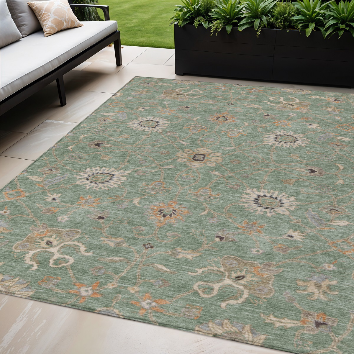 5' X 8' Artichoke Green Ivory And Coral Floral Washable Indoor Outdoor Area Rug-604762-1