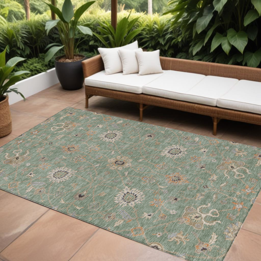 8' X 10' Artichoke Green Ivory And Coral Floral Washable Indoor Outdoor Area Rug-604764-1
