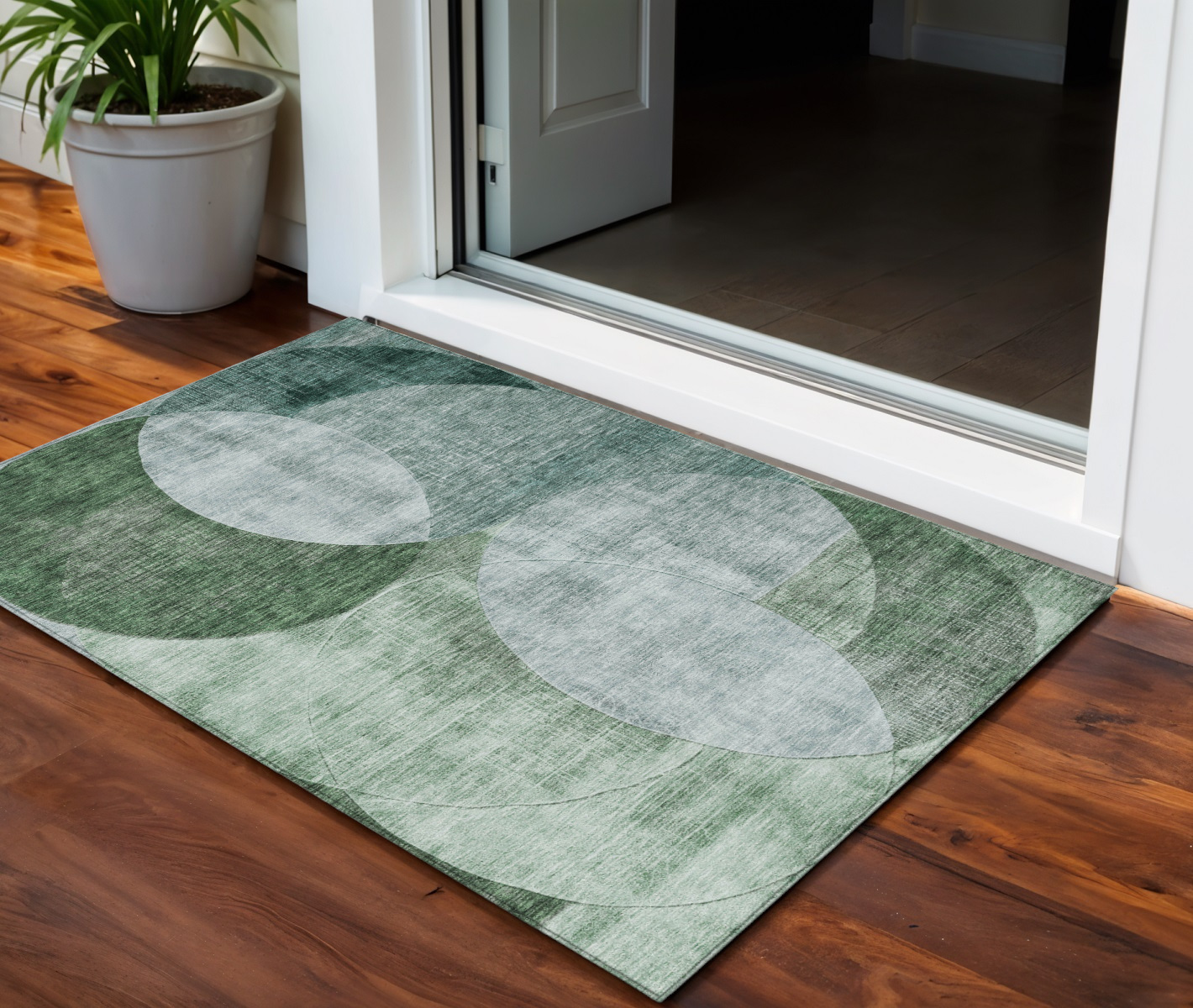 3' X 5' Mint Green And Fern Green Geometric Washable Indoor Outdoor Area Rug-604941-1