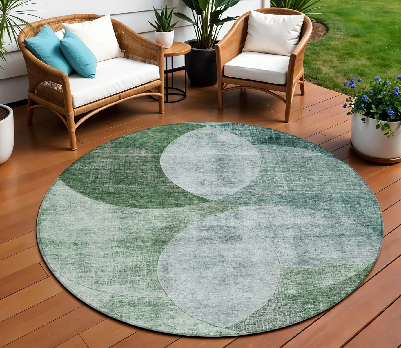 8' Mint Green And Fern Green Round Geometric Washable Indoor Outdoor Area Rug-604943-1