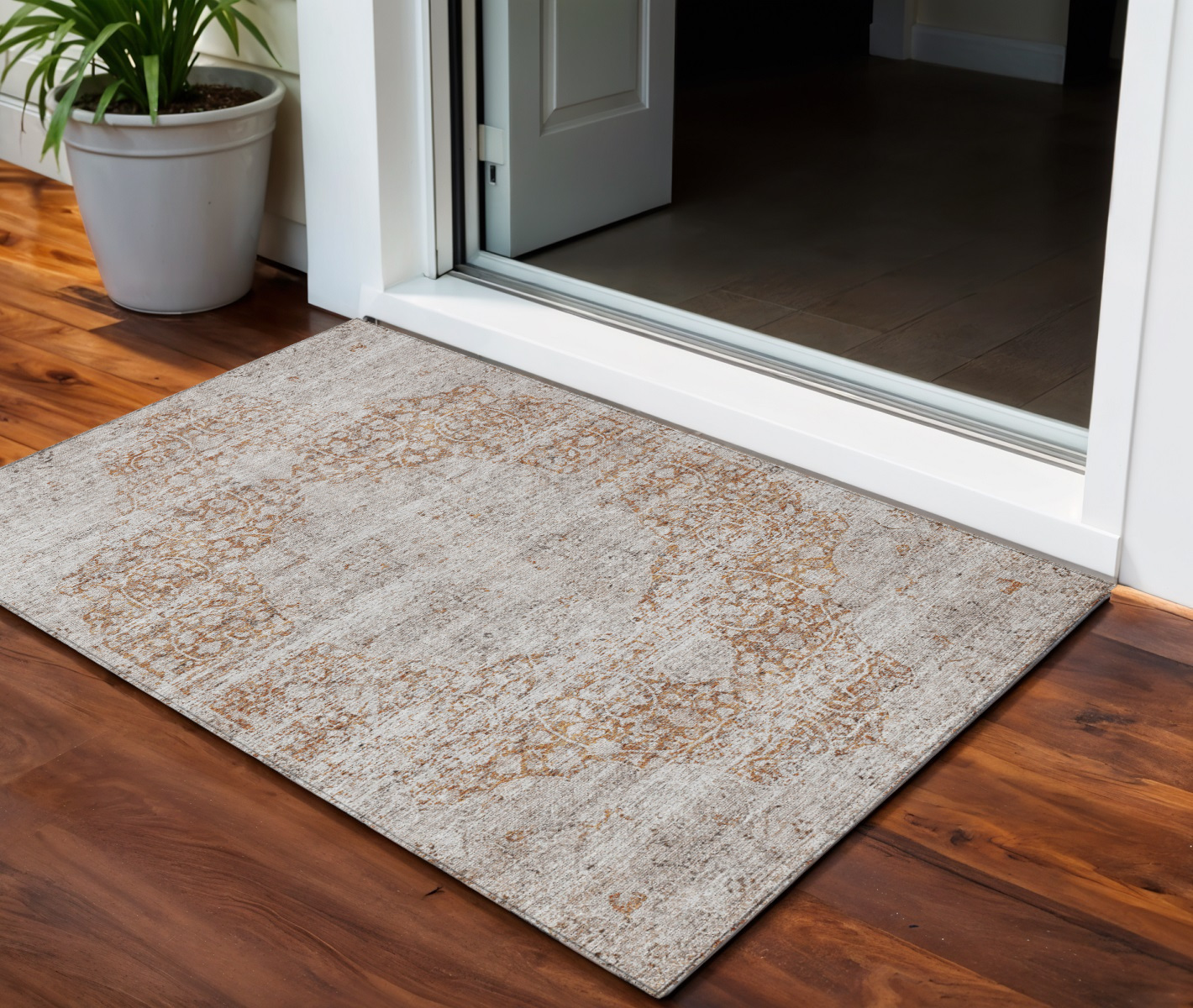 3' X 5' Copper And Beige Floral Washable Indoor Outdoor Area Rug-605079-1
