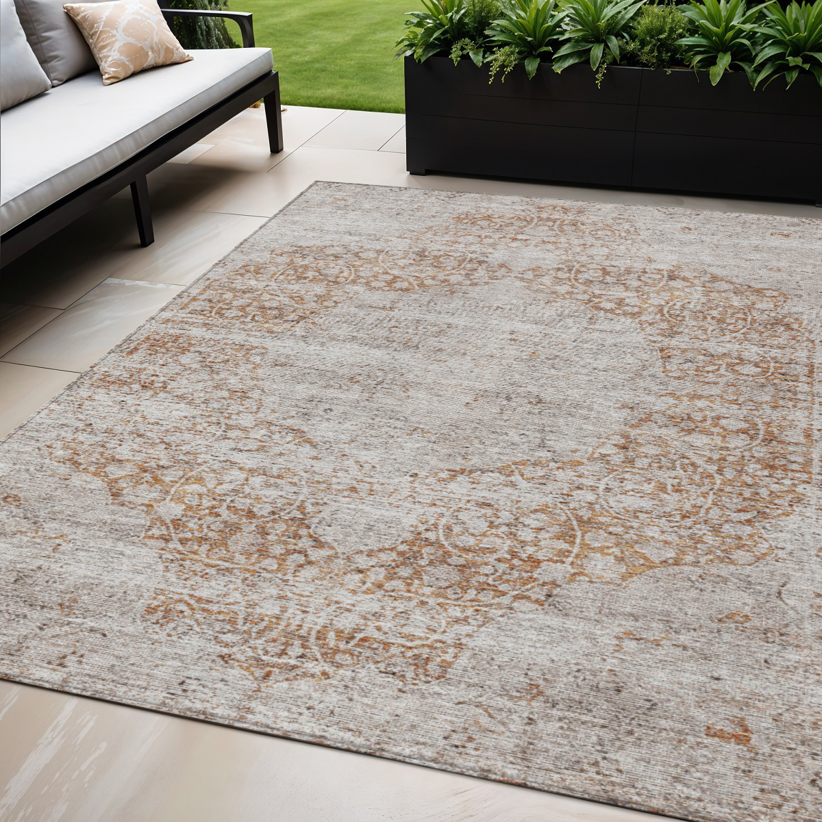 5' X 8' Copper And Beige Floral Washable Indoor Outdoor Area Rug-605080-1