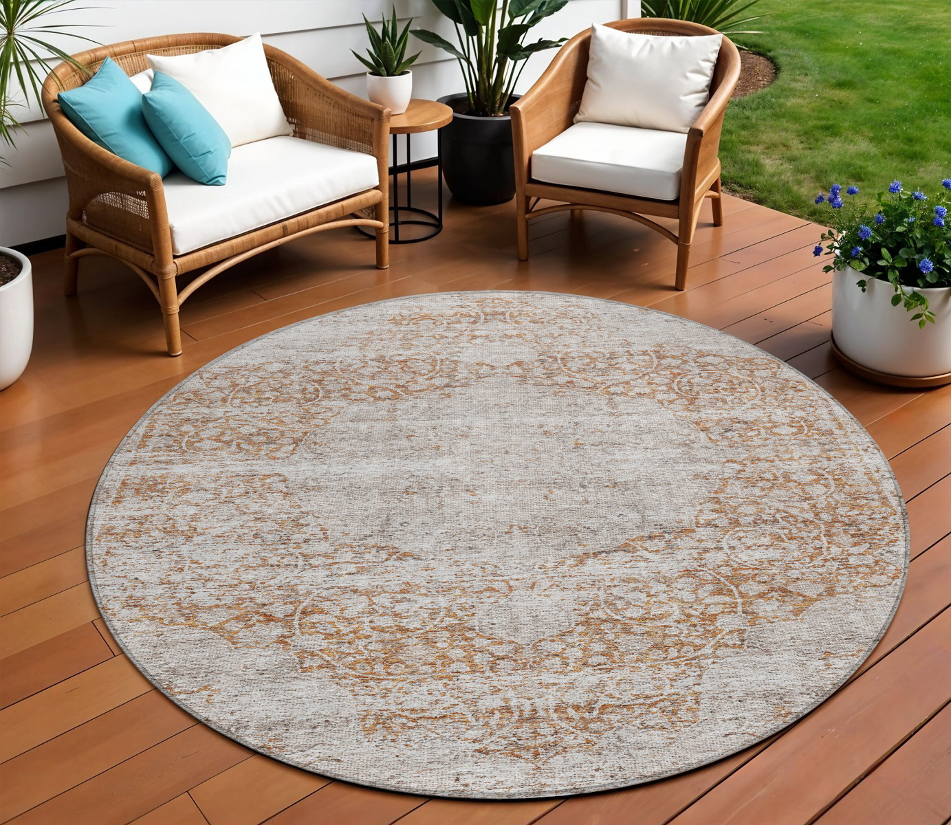 8' Copper And Beige Round Floral Washable Indoor Outdoor Area Rug-605081-1