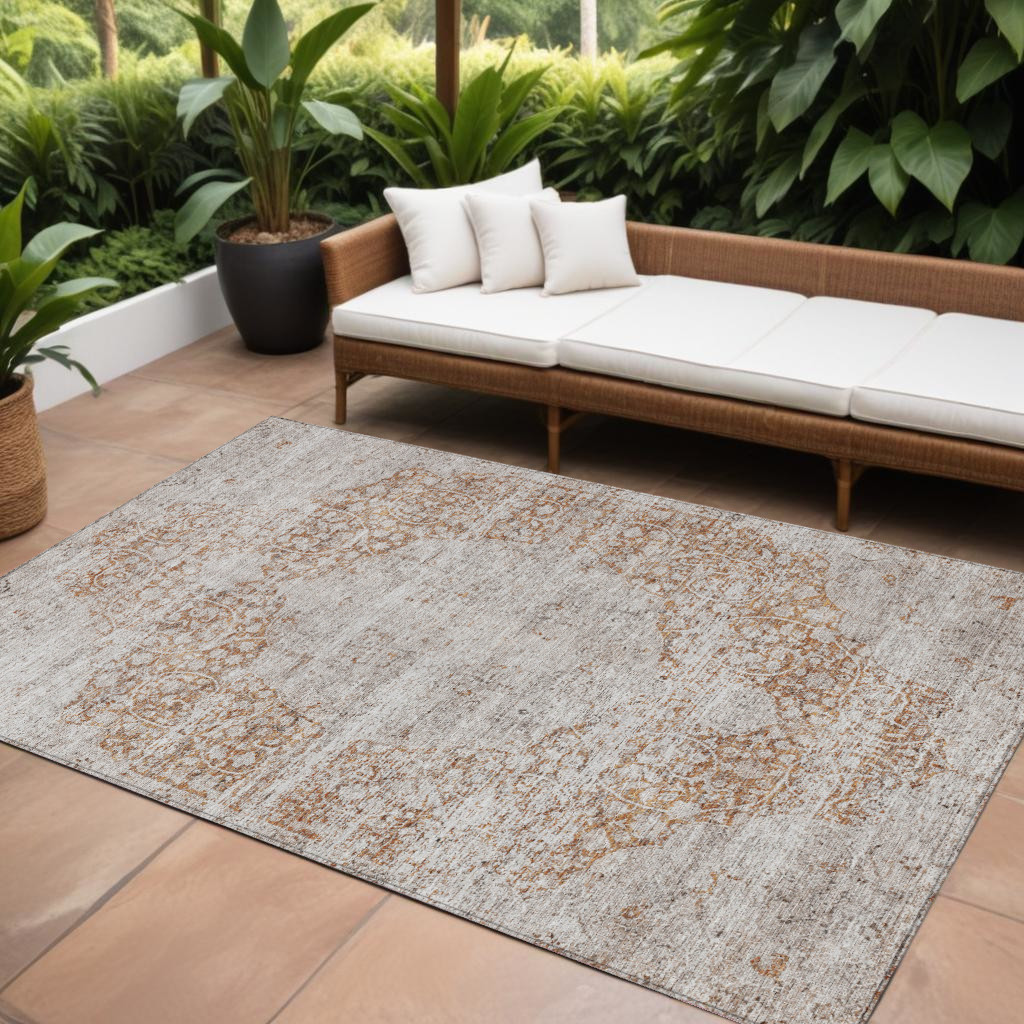 8' X 10' Copper And Beige Floral Washable Indoor Outdoor Area Rug-605082-1