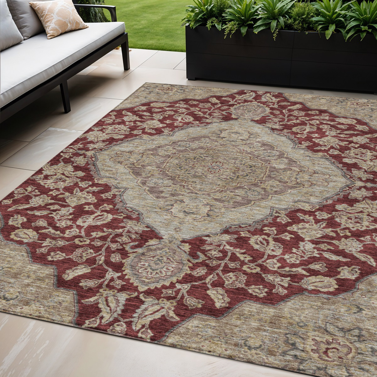 5' X 8' Red Beige And Brown Oriental Washable Indoor Outdoor Area Rug-605248-1