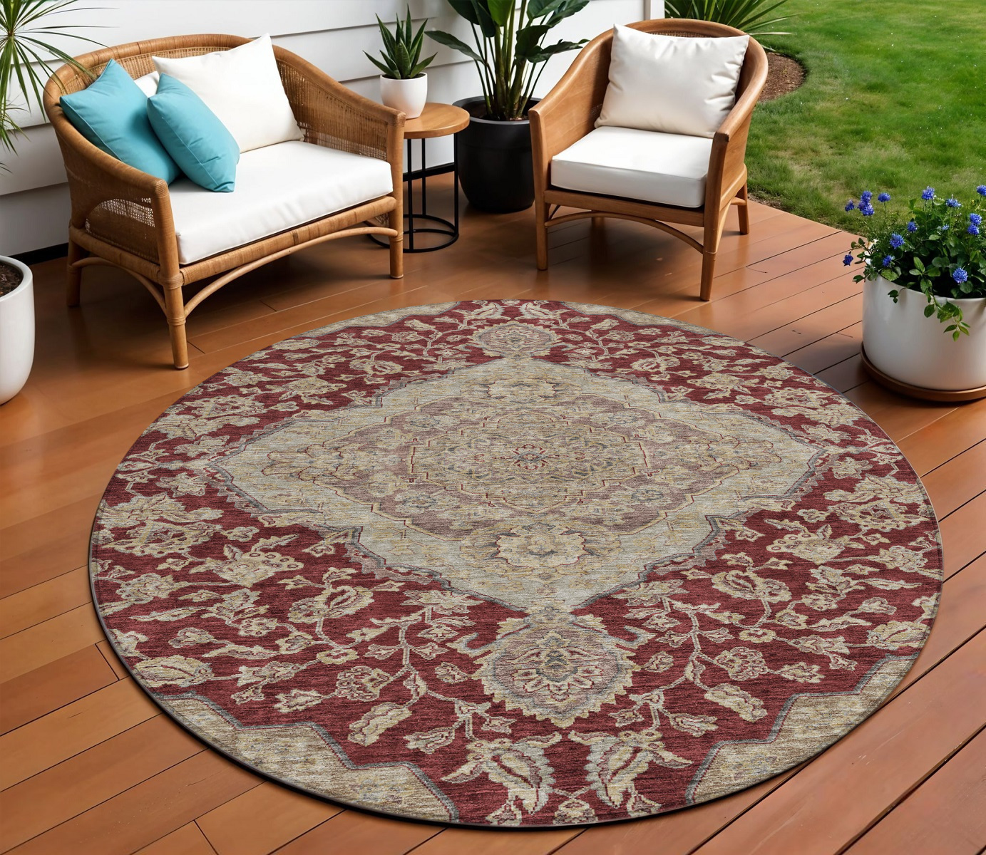 8' Red Beige And Brown Round Oriental Washable Indoor Outdoor Area Rug-605249-1