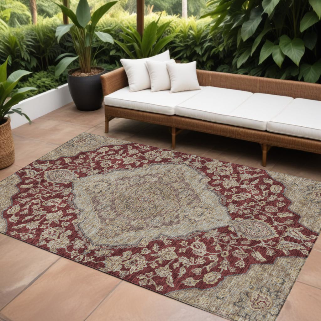 8' X 10' Red Beige And Brown Oriental Washable Indoor Outdoor Area Rug-605250-1