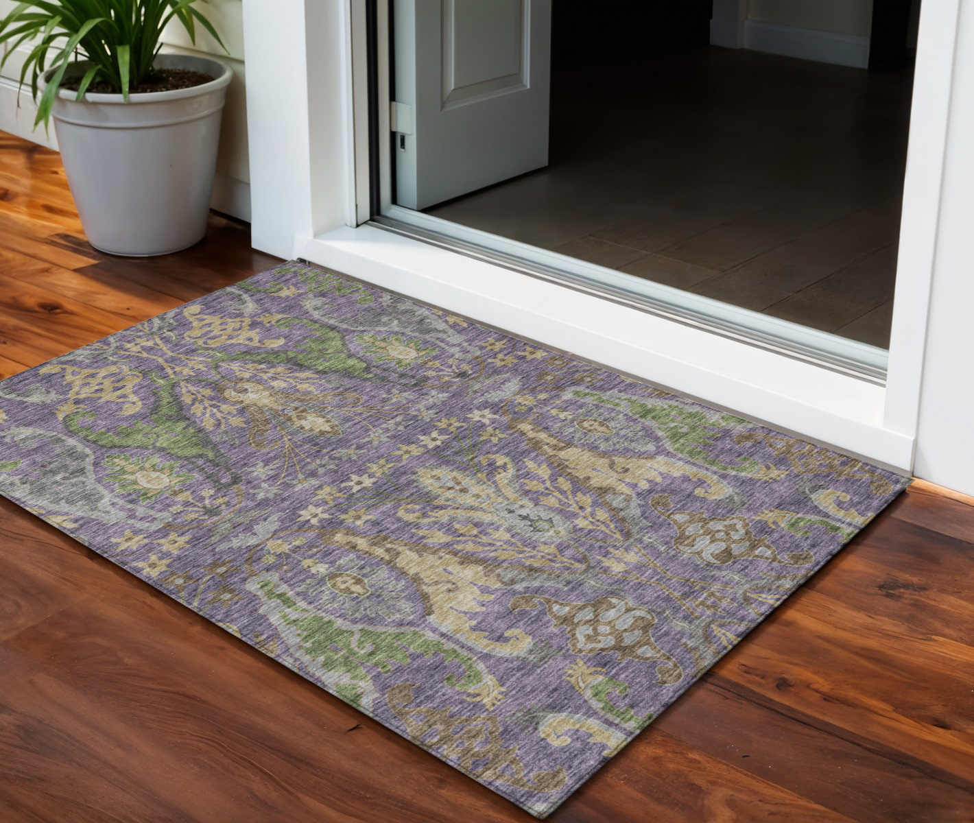 3' X 5' Purple Green And Brown Floral Washable Indoor Outdoor Area Rug-605295-1