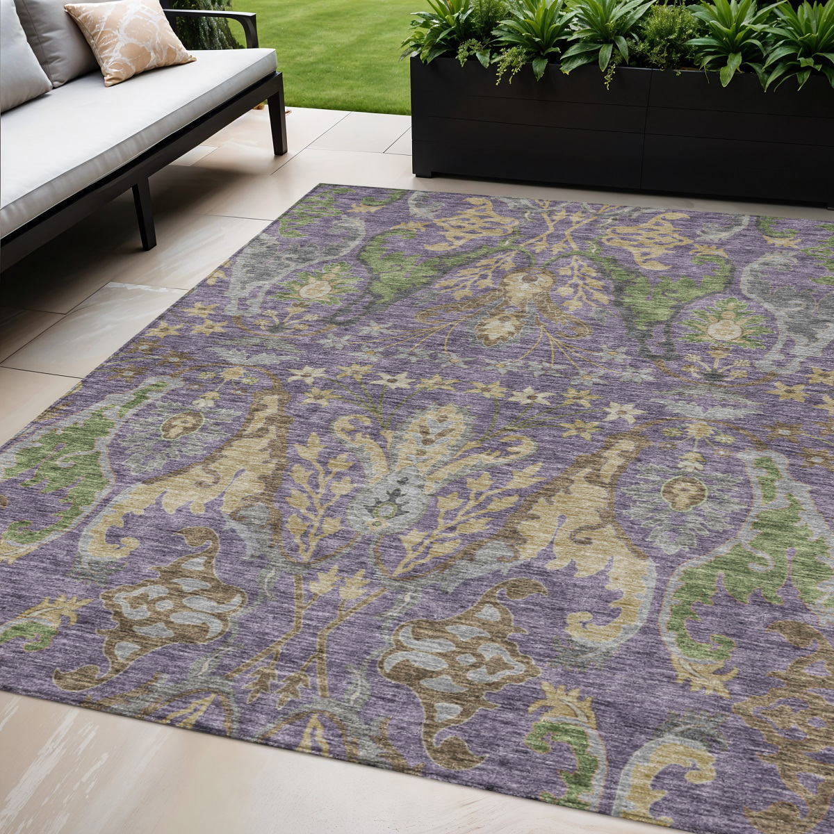5' X 8' Purple Green And Brown Floral Washable Indoor Outdoor Area Rug-605296-1