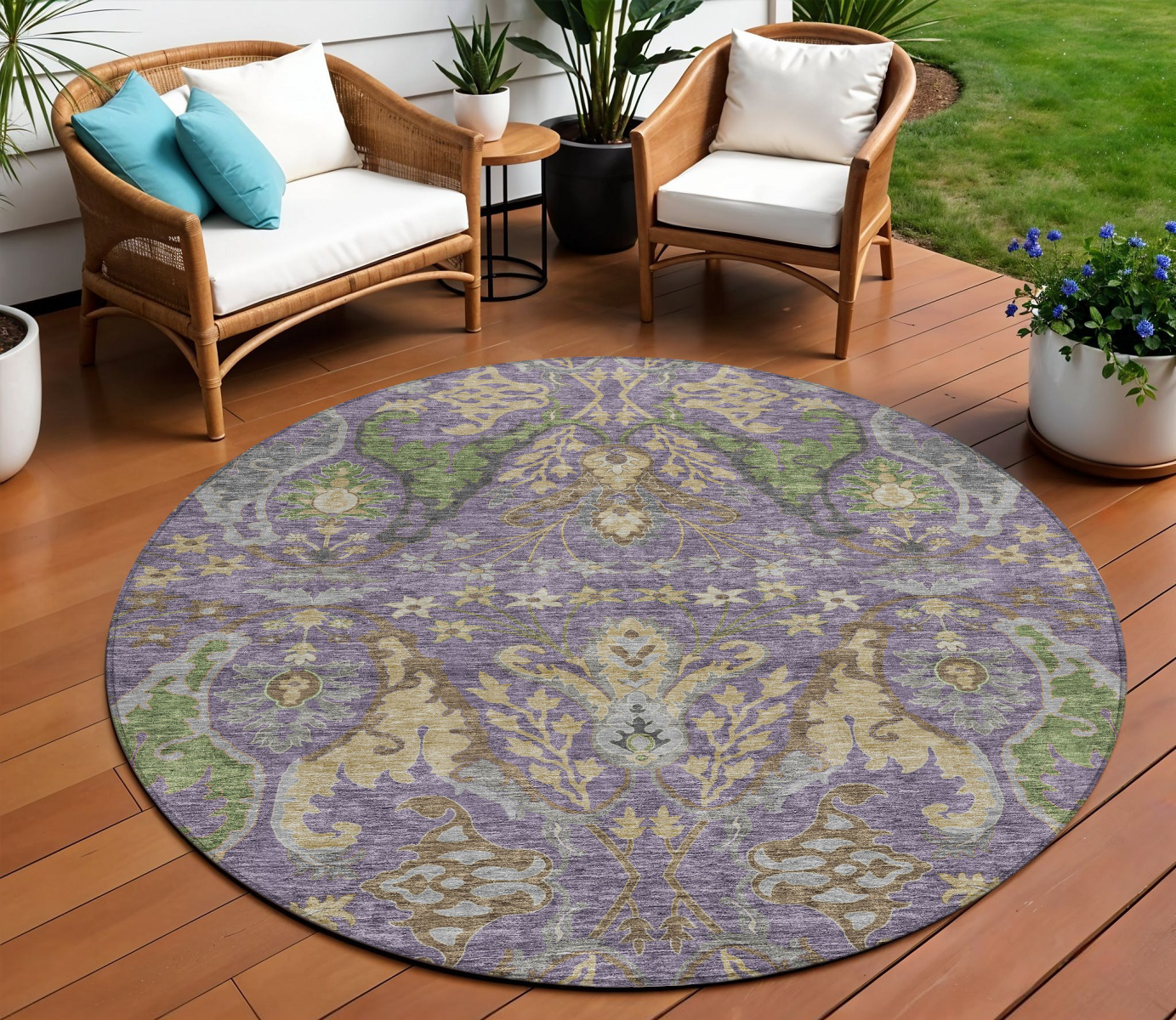 8' Purple Green And Brown Round Floral Washable Indoor Outdoor Area Rug-605297-1