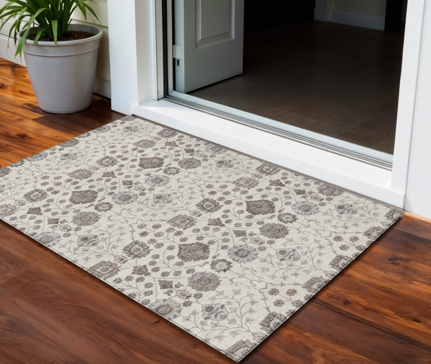 3' X 5' Ivory Brown And Gray Floral Washable Indoor Outdoor Area Rug-605425-1