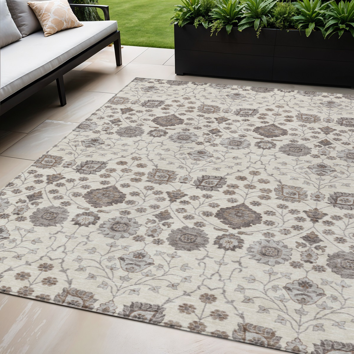 5' X 8' Ivory Brown And Gray Floral Washable Indoor Outdoor Area Rug-605426-1