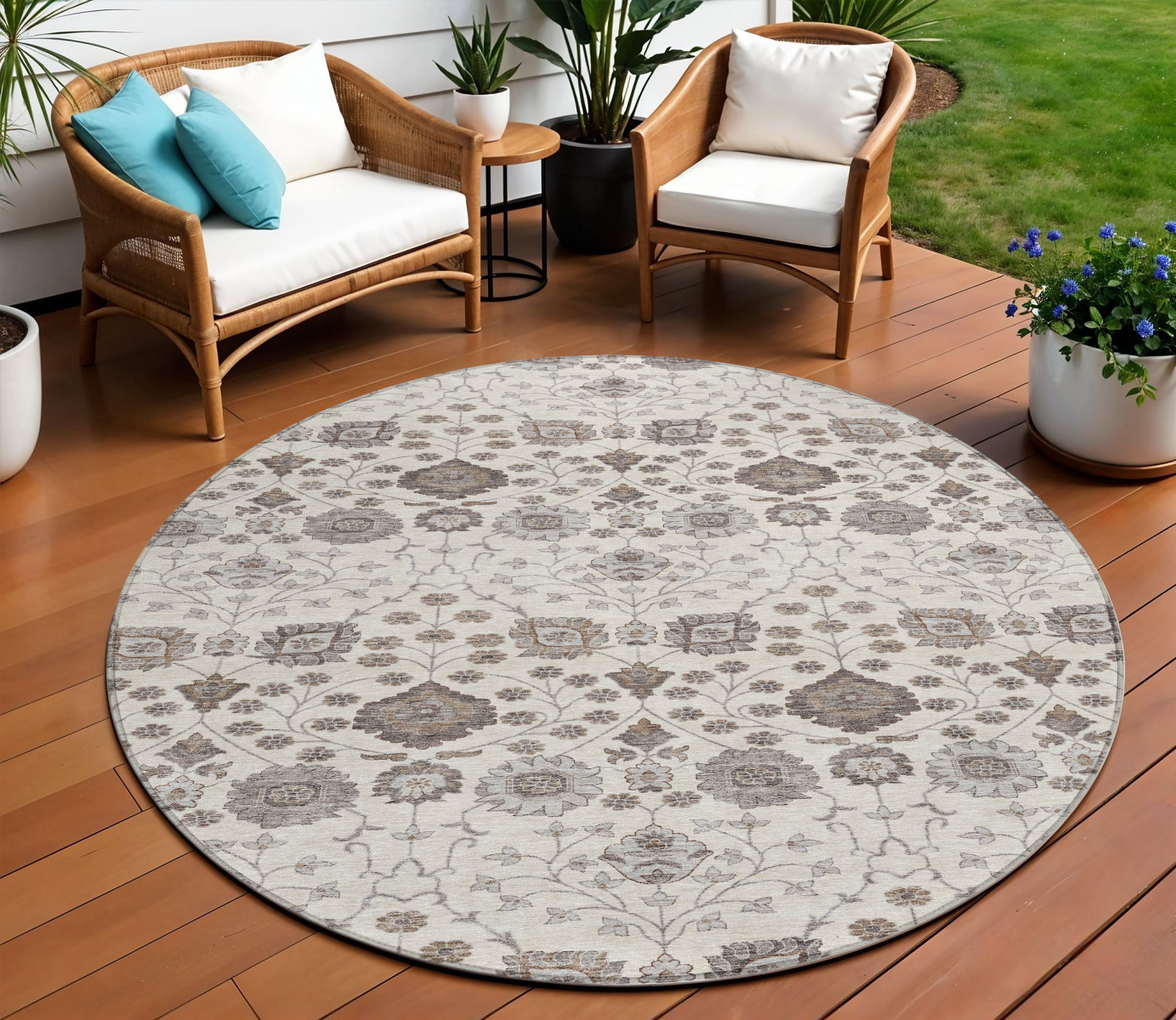 8' Ivory Brown And Gray Round Floral Washable Indoor Outdoor Area Rug-605427-1