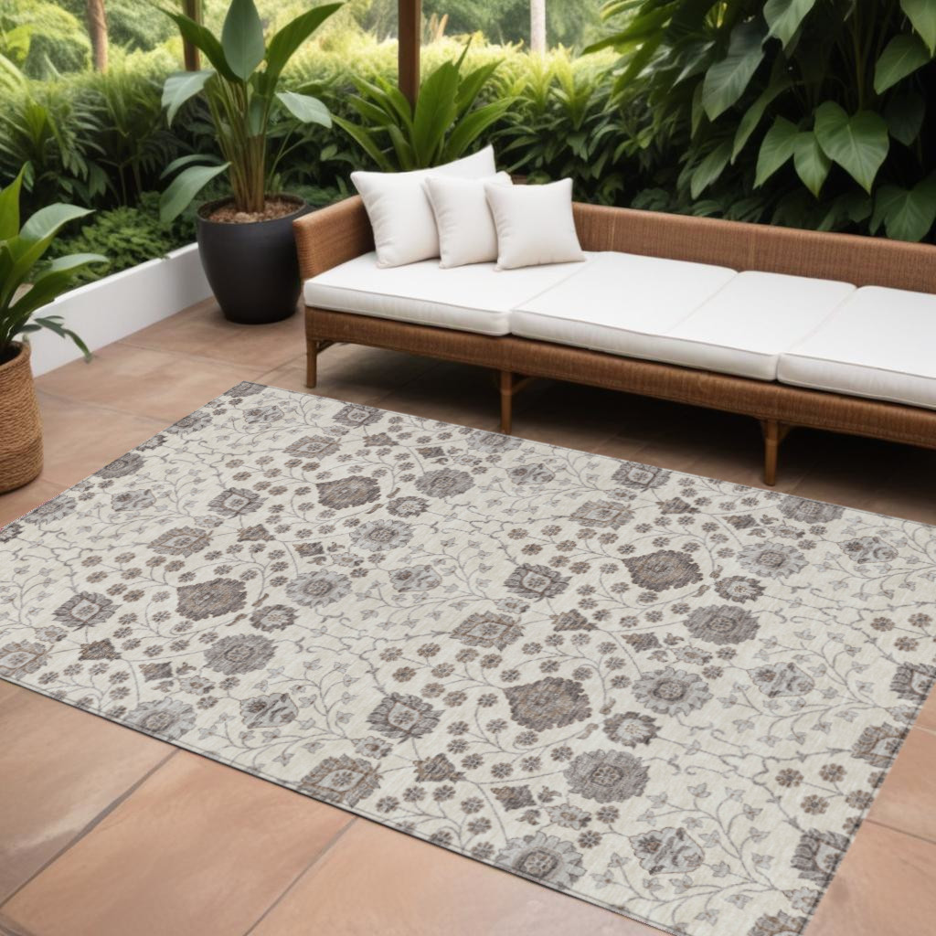 9' X 12' Ivory Brown And Gray Floral Washable Indoor Outdoor Area Rug-605429-1