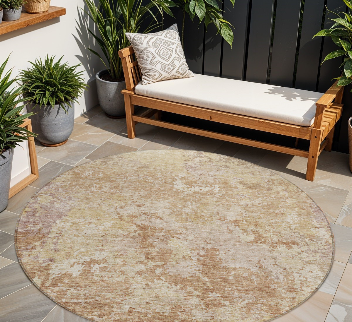 8' Copper And Beige Round Abstract Washable Indoor Outdoor Area Rug-605544-1