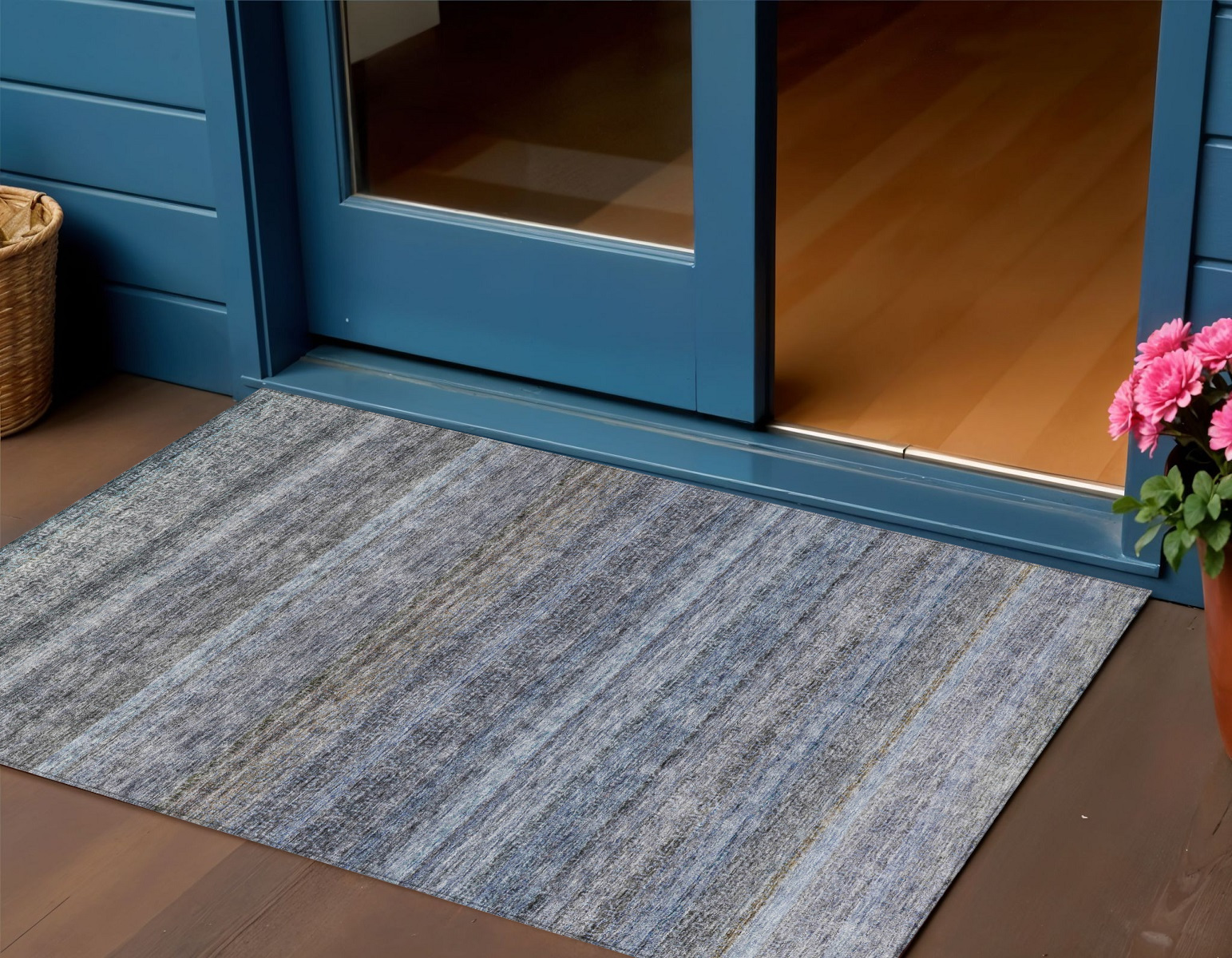3' X 5' Blue And Gray Striped Washable Indoor Outdoor Area Rug-605632-1