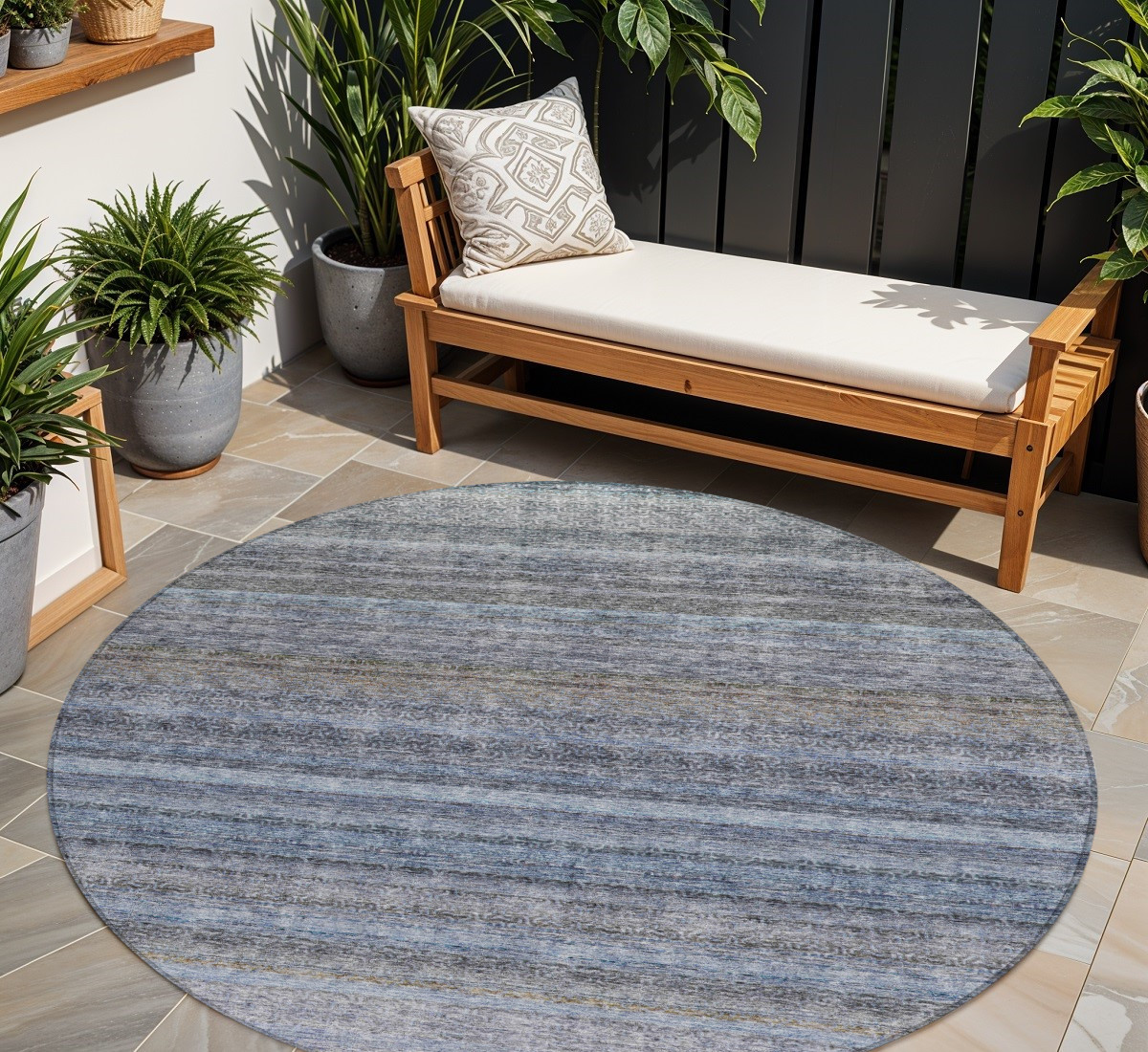 8' Blue And Gray Round Striped Washable Indoor Outdoor Area Rug-605634-1
