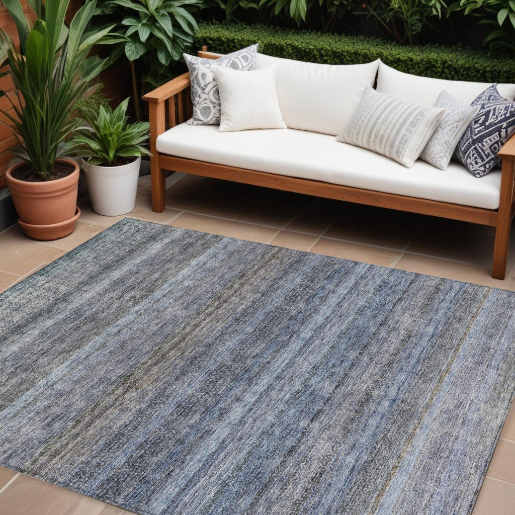 8' X 10' Blue And Gray Striped Washable Indoor Outdoor Area Rug-605635-1