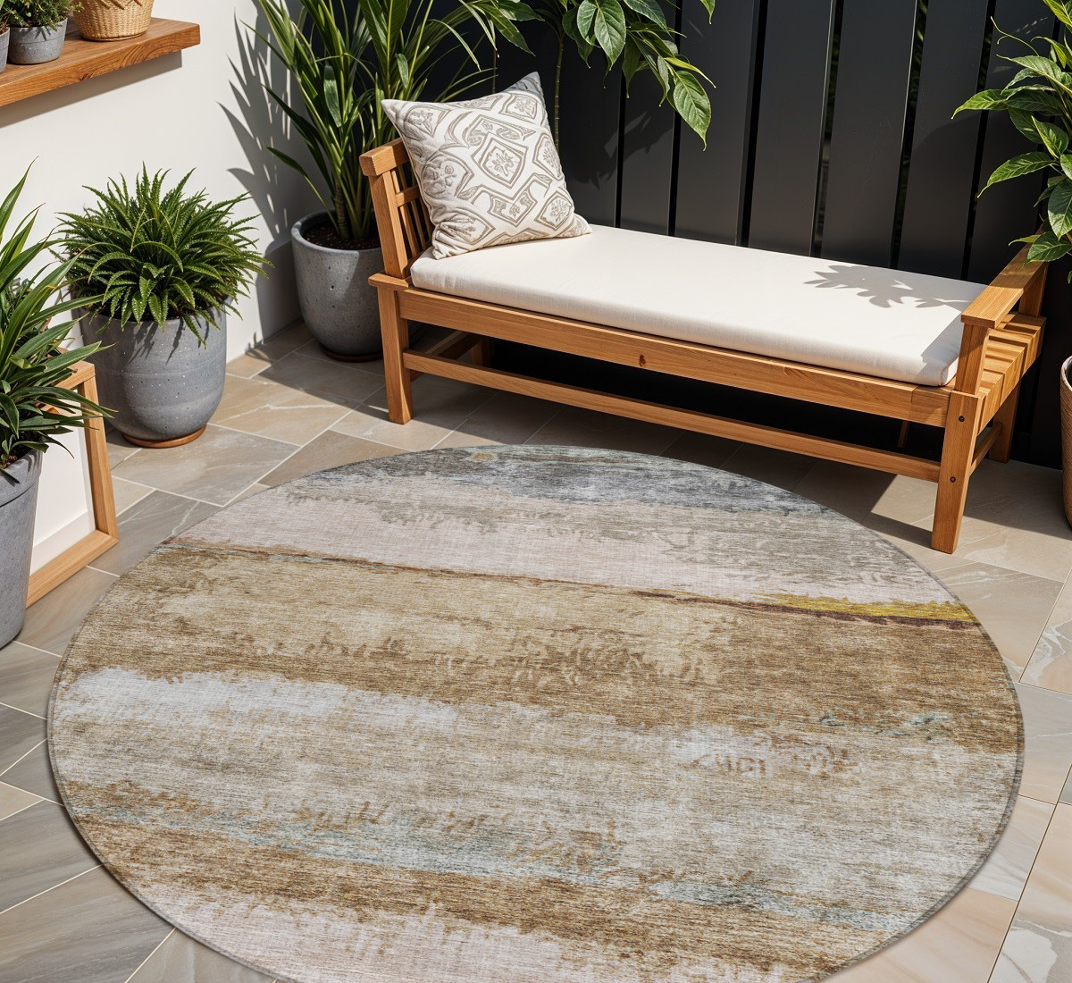 8' Beige Brown And Gray Round Abstract Washable Indoor Outdoor Area Rug-605975-1