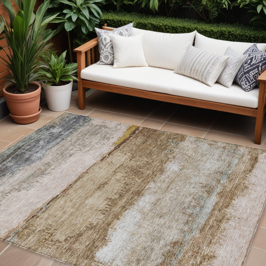 10' X 14' Beige Brown And Gray Abstract Washable Indoor Outdoor Area Rug-605978-1