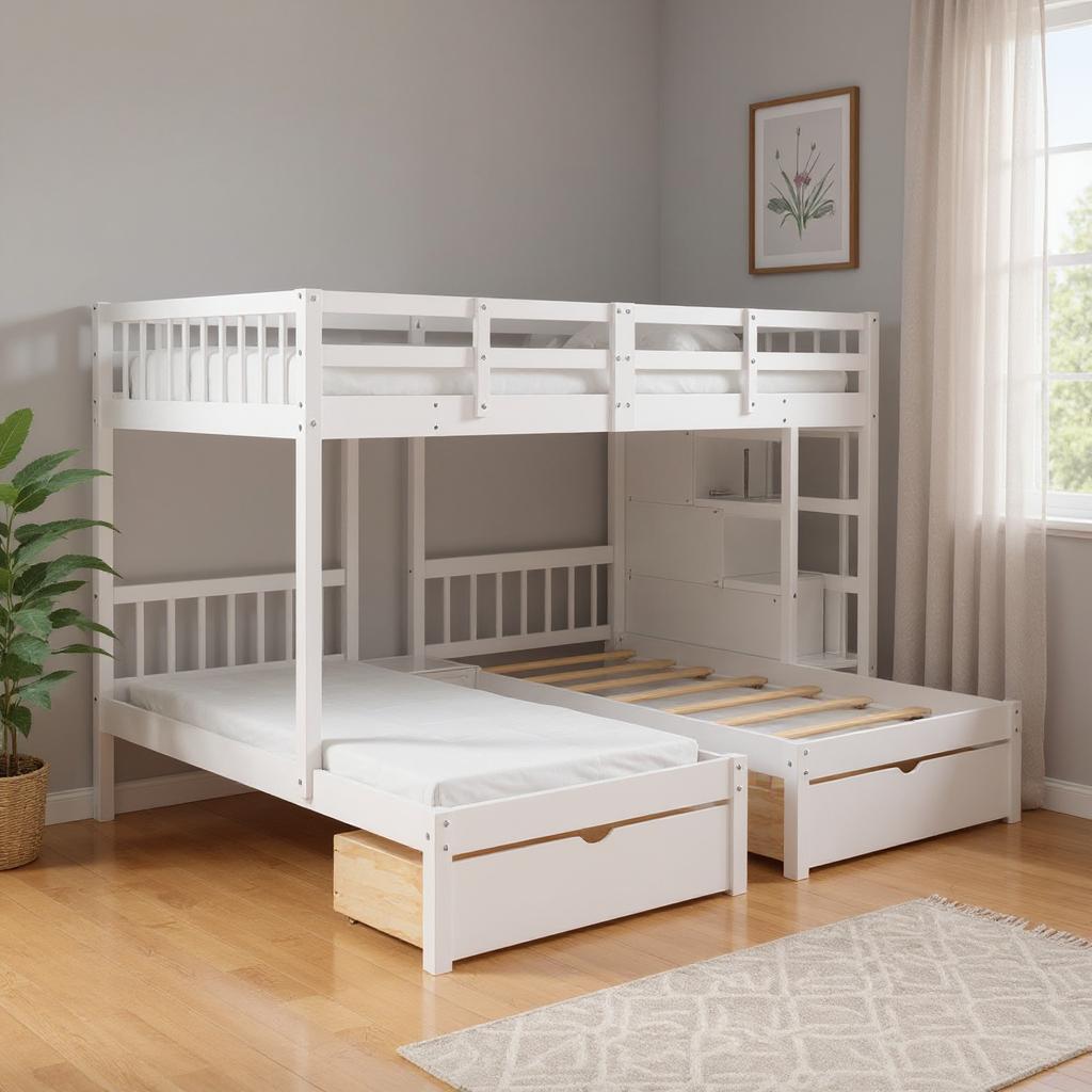 White Full Over Two Twins Solid Wood Bunk Bed With Stairs And Drawers ...