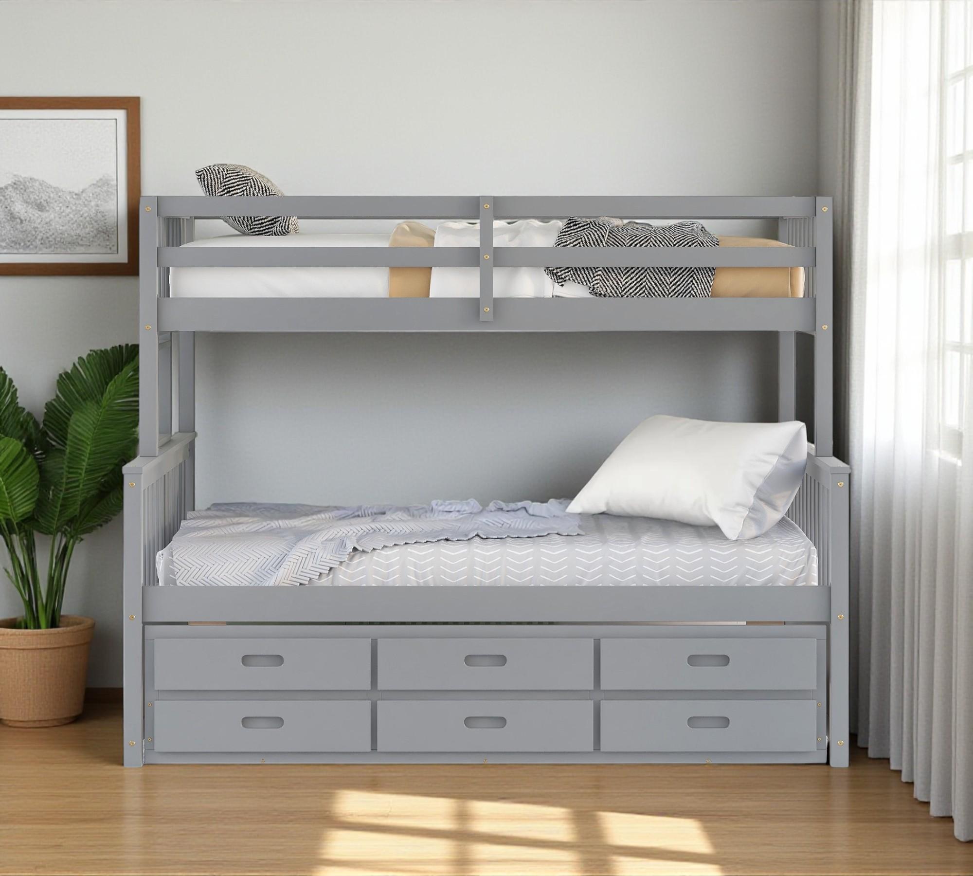 Gray Twin Over Full Solid Wood Bunk Bed With Drawers And Trundle And ...