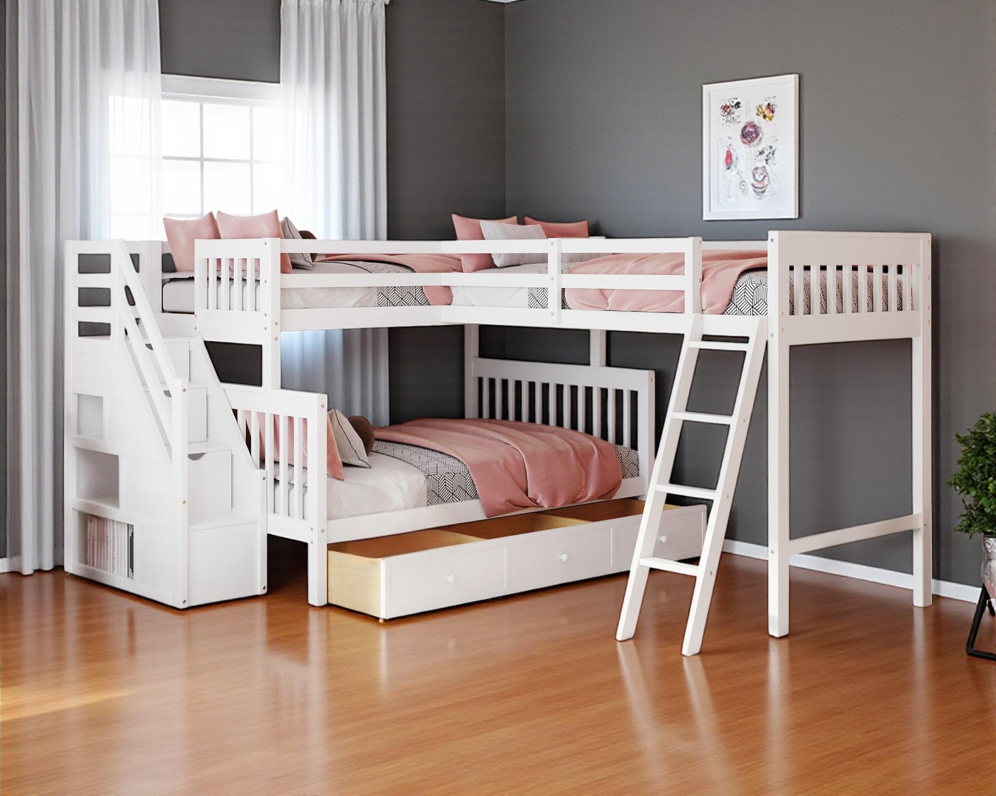 White Twin Over Full Solid Wood Bunk Bed With Stairs And Drawers And ...