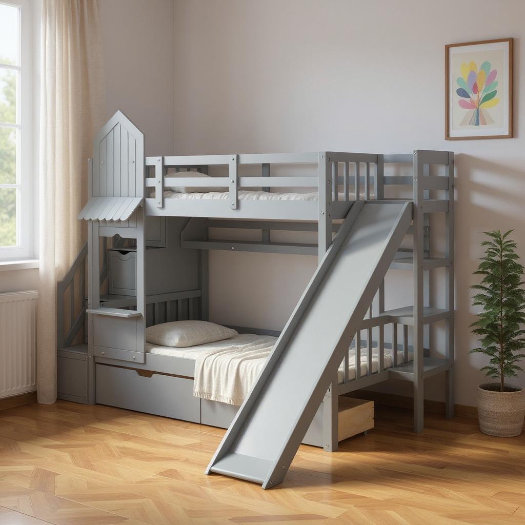 Gray Twin Over Twin Dollhouse Solid Wood Bunk Bed With Stairs And Slide ...