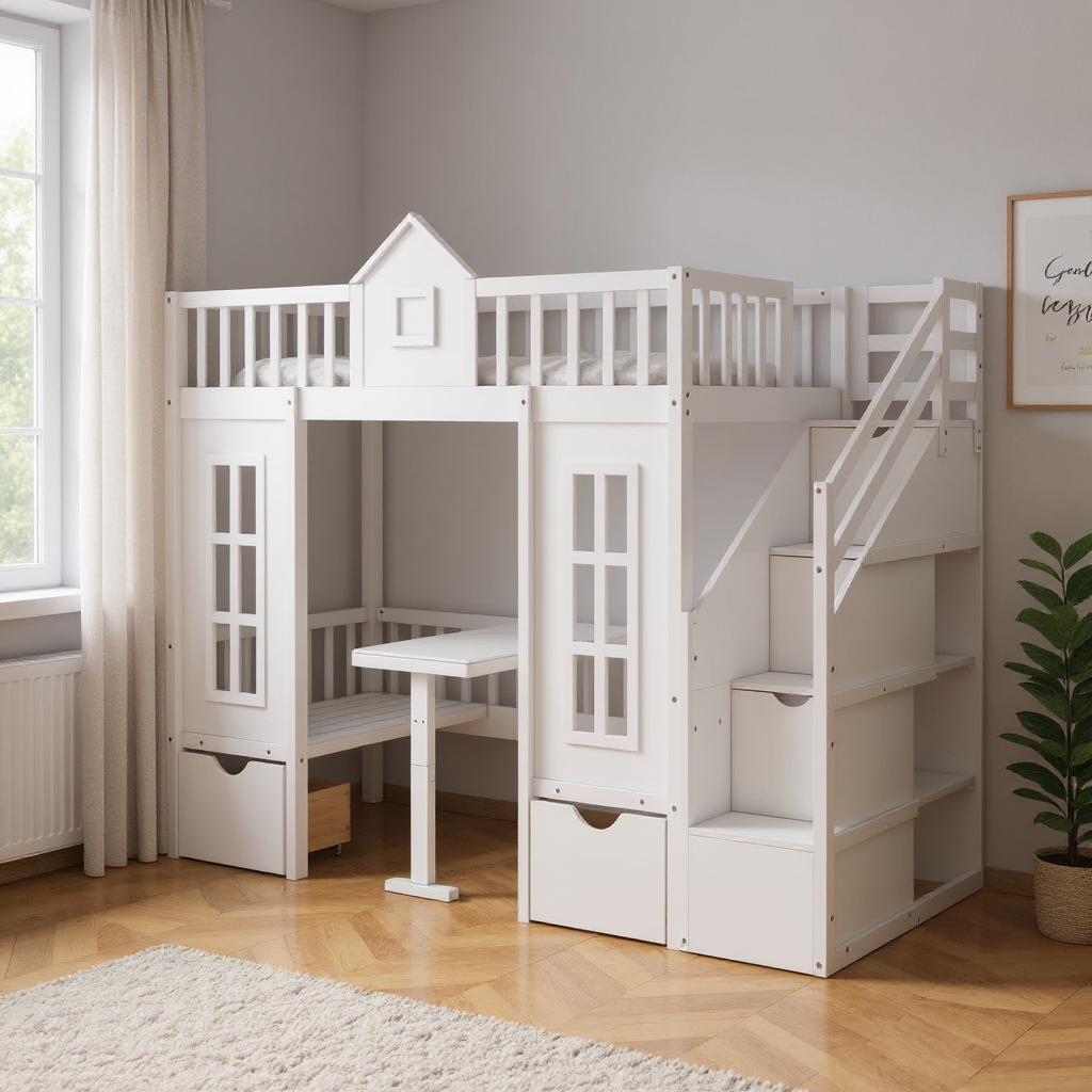 White Twin Over Twin Solid Wood Bunk Bed With Stairs And Desk And ...