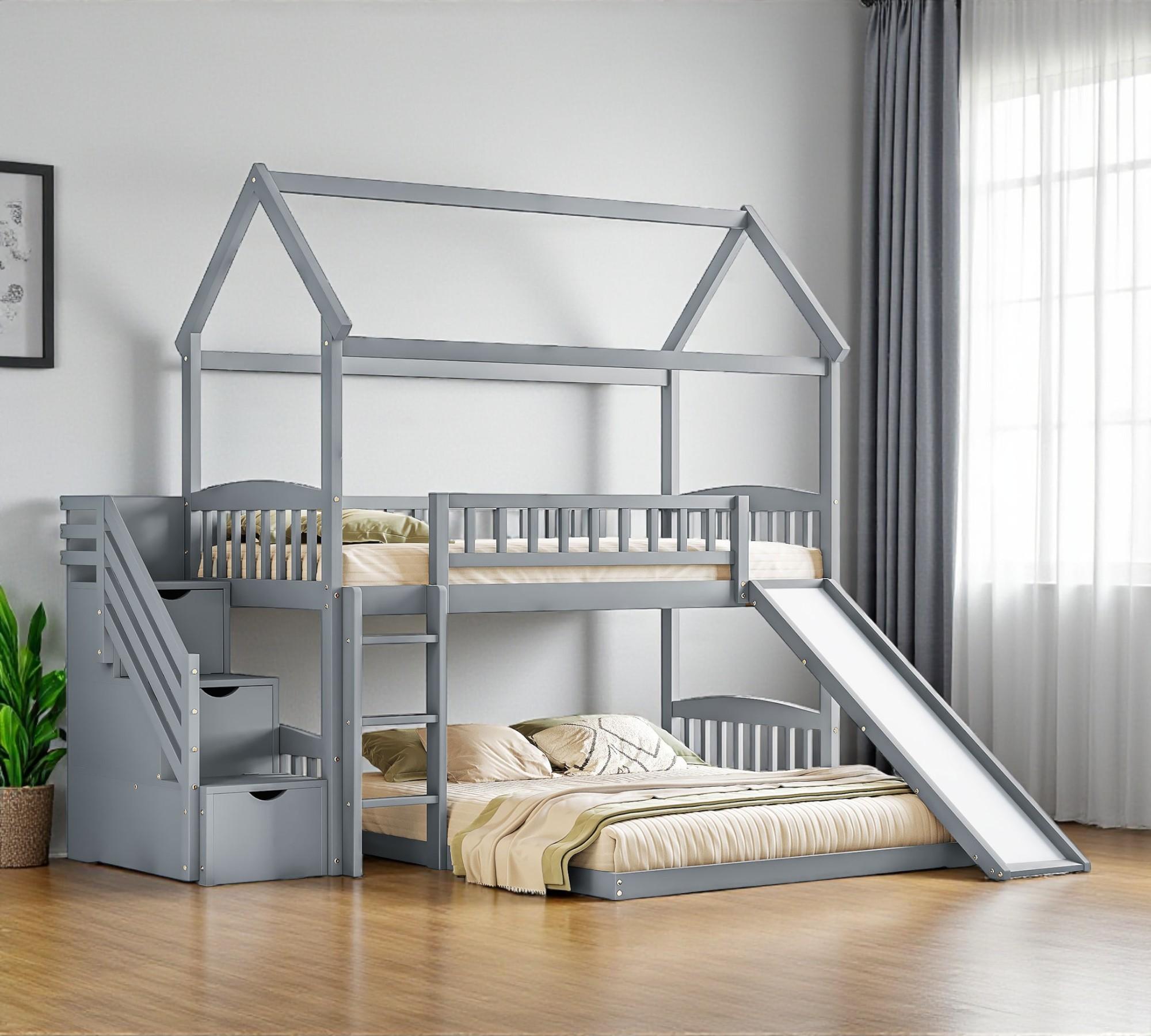 Gray Full Over Twin Solid Wood Bunk Bed With Stairs And Slide And ...