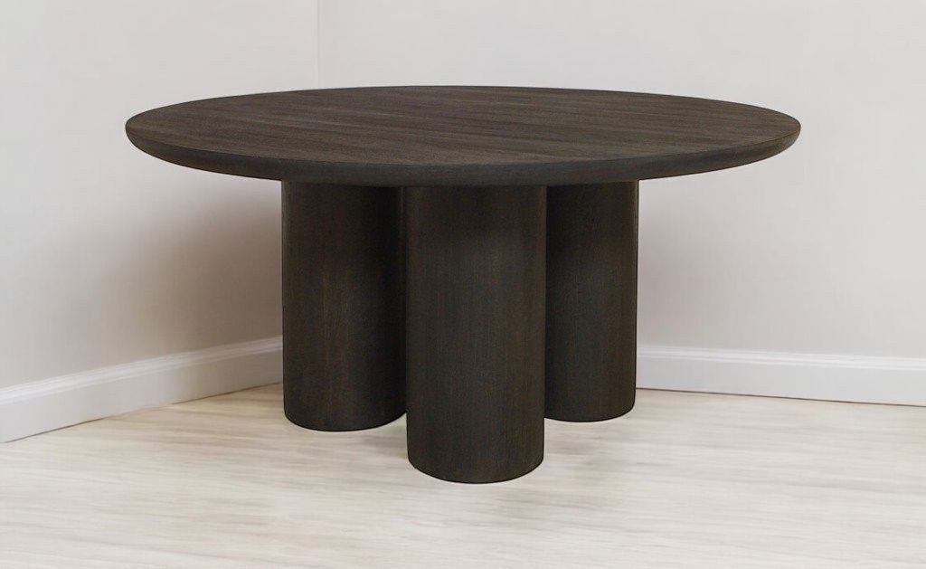 Seven Piece Dark Brown Round Solid Wood Dining Set with Six Chairs ...