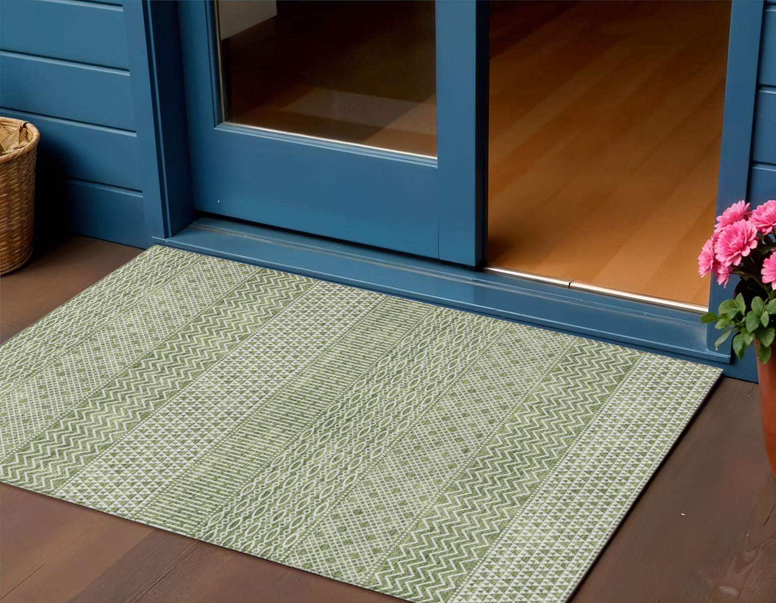 3' X 5' Green And Ivory Chevron Washable Indoor Outdoor Area Rug-612250-1