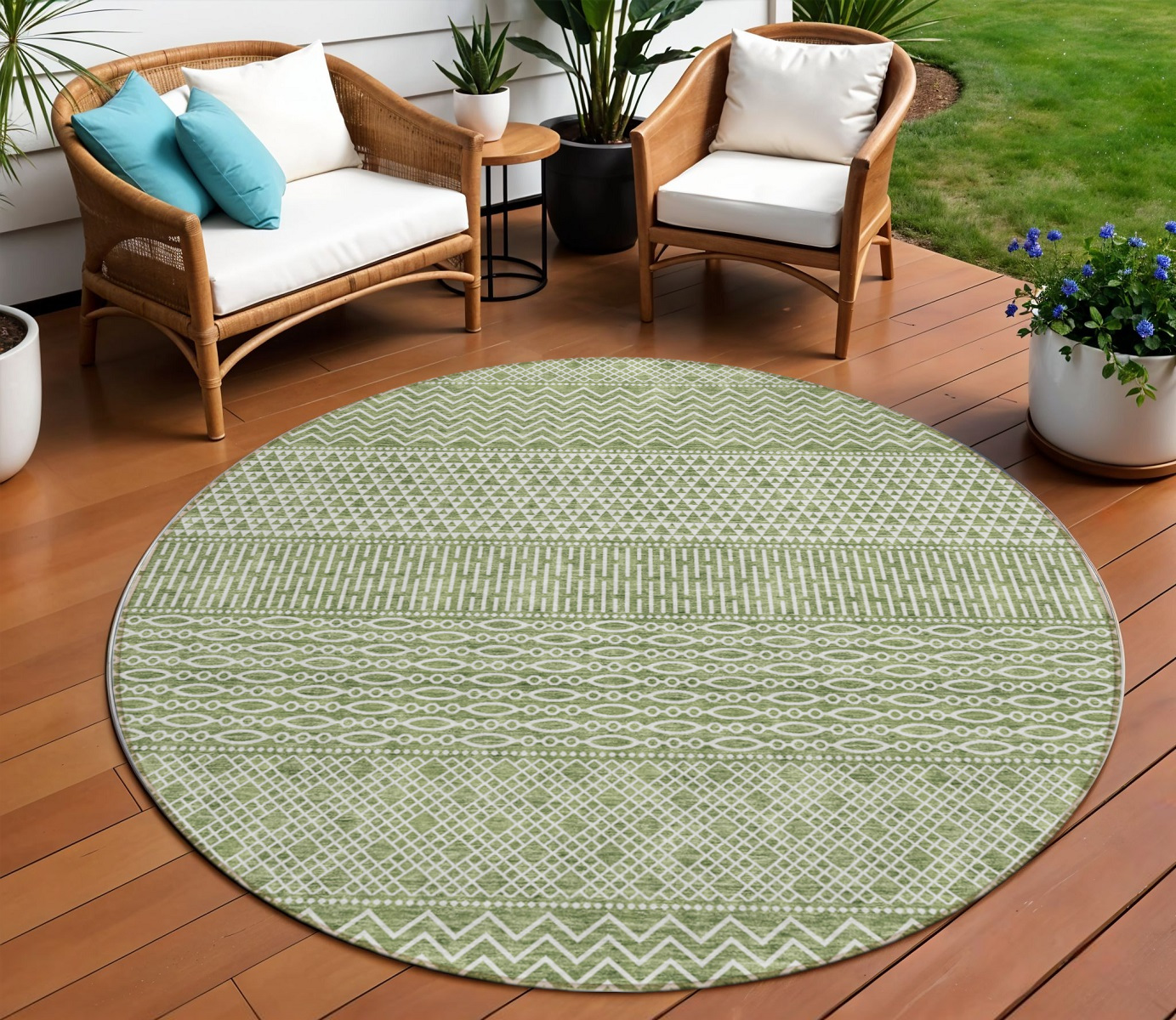 8' Green And Ivory Round Chevron Washable Indoor Outdoor Area Rug-612252-1