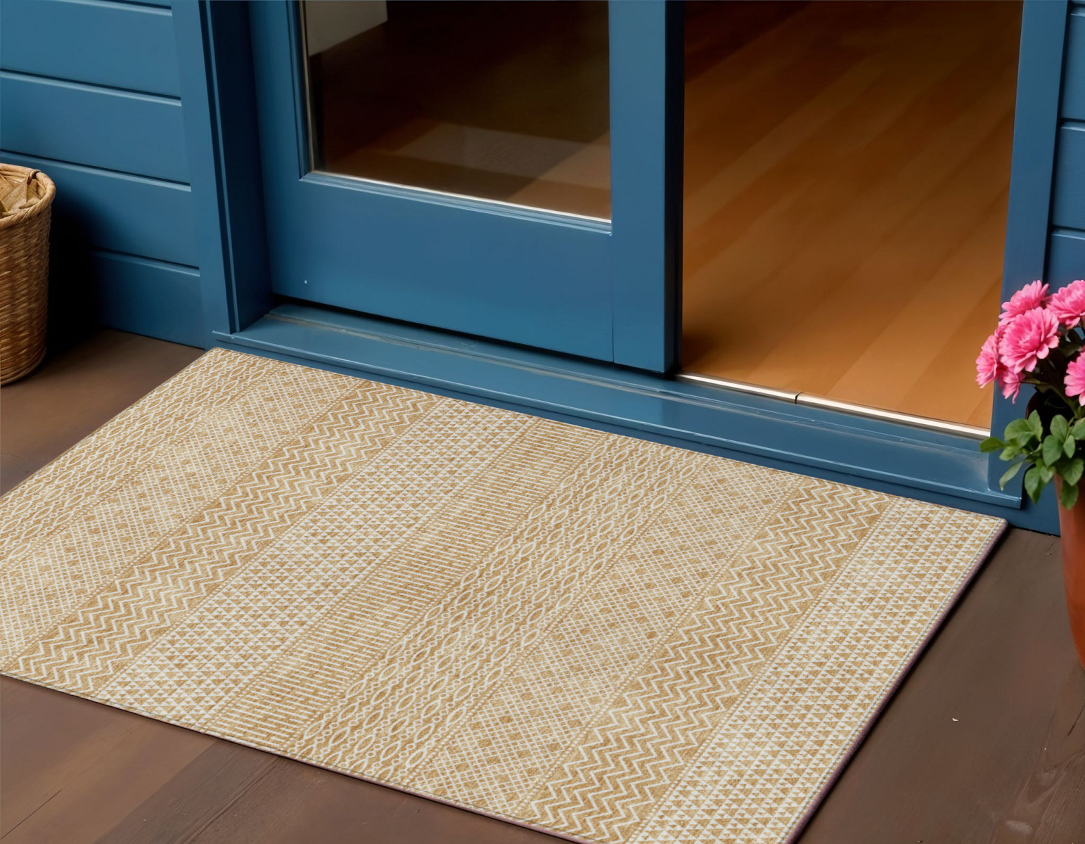 3' X 5' Gold And Ivory Chevron Washable Indoor Outdoor Area Rug-612256-1
