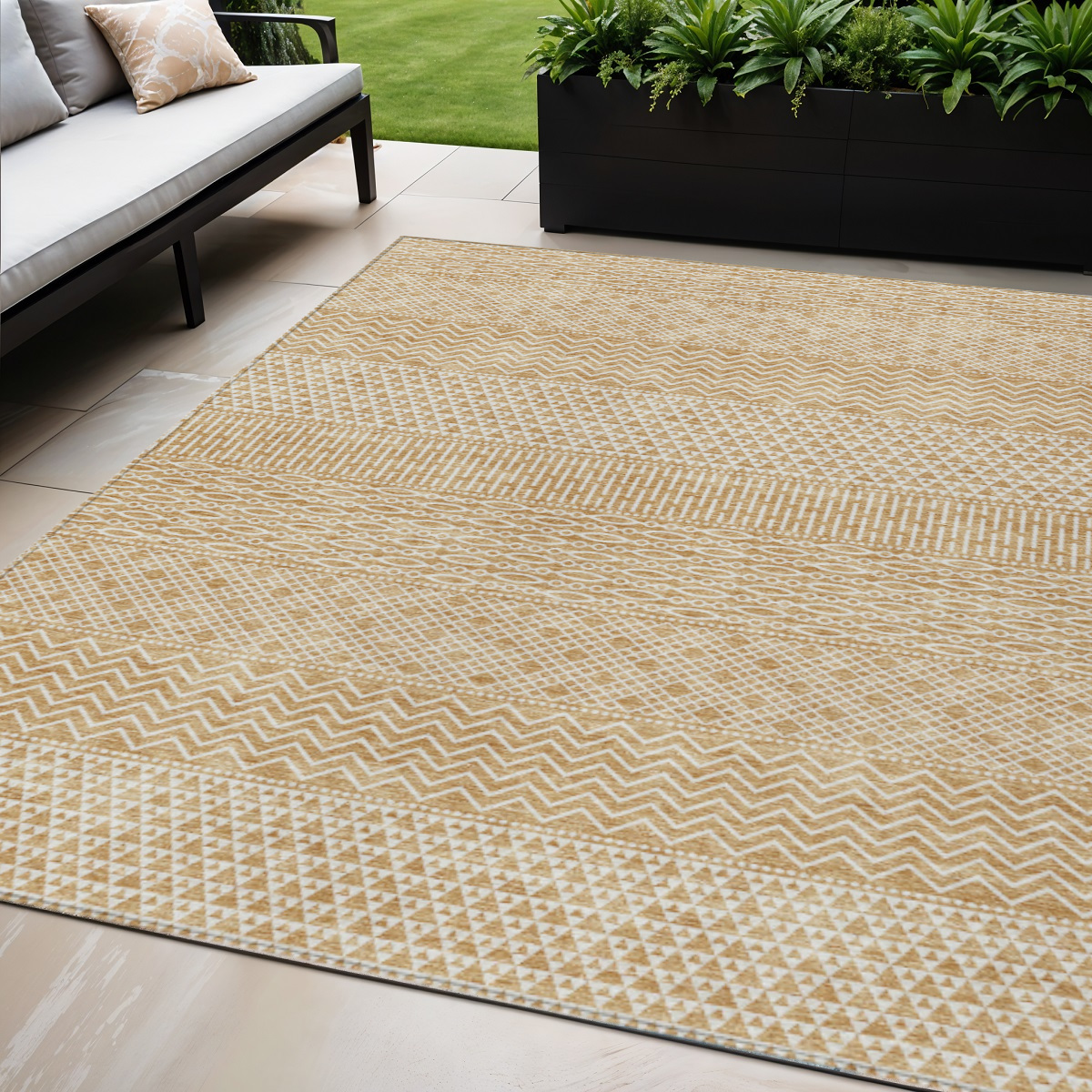5' X 8' Gold And Ivory Chevron Washable Indoor Outdoor Area Rug-612257-1