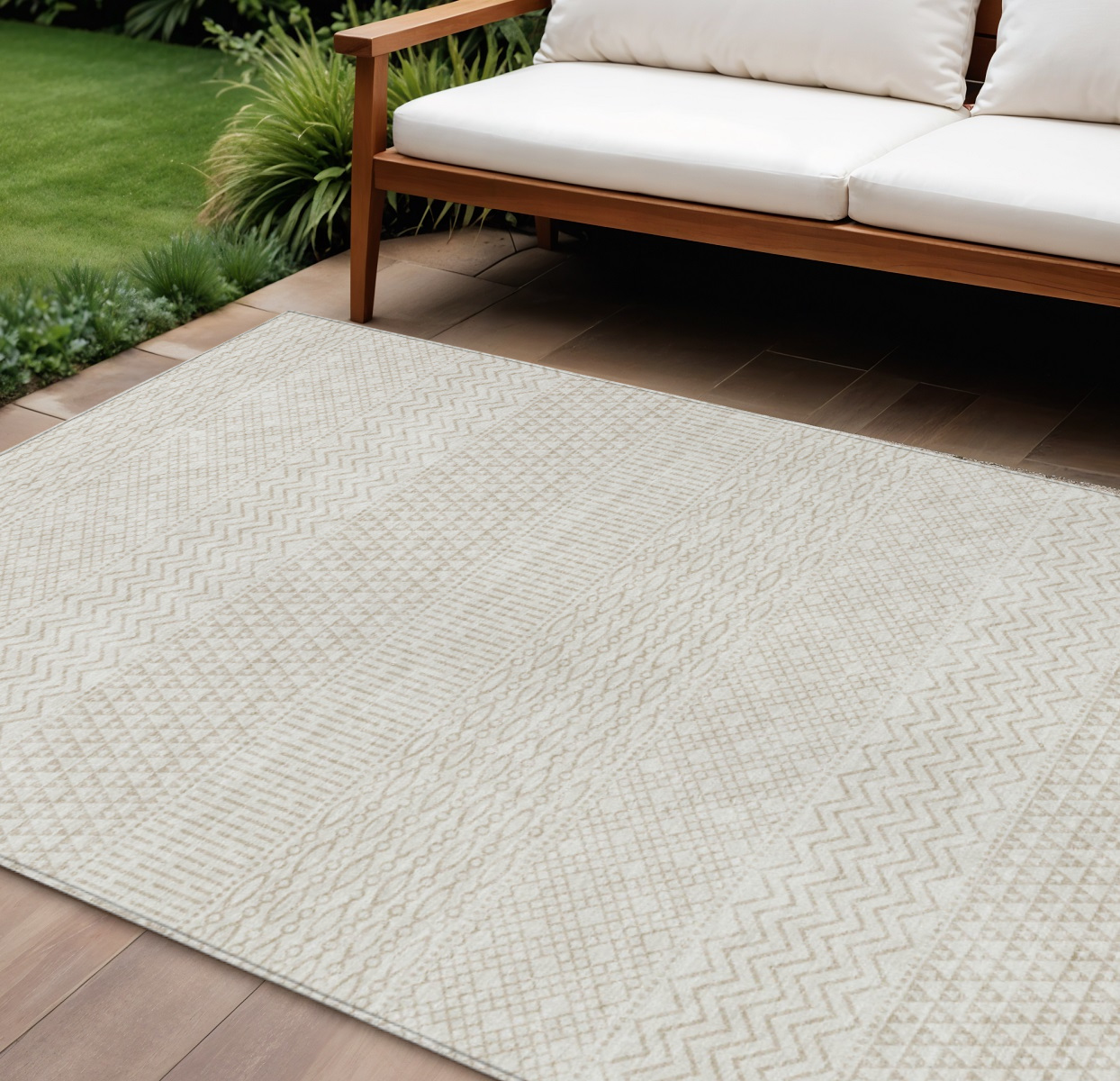 10' X 14' Ivory And Beige Chevron Washable Indoor Outdoor Area Rug-612273-1