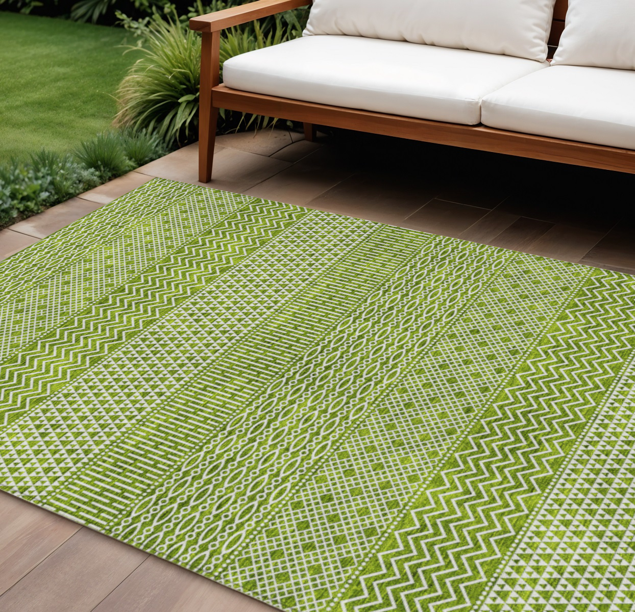 9' X 12' Lime Green And Ivory Chevron Washable Indoor Outdoor Area Rug-612278-1