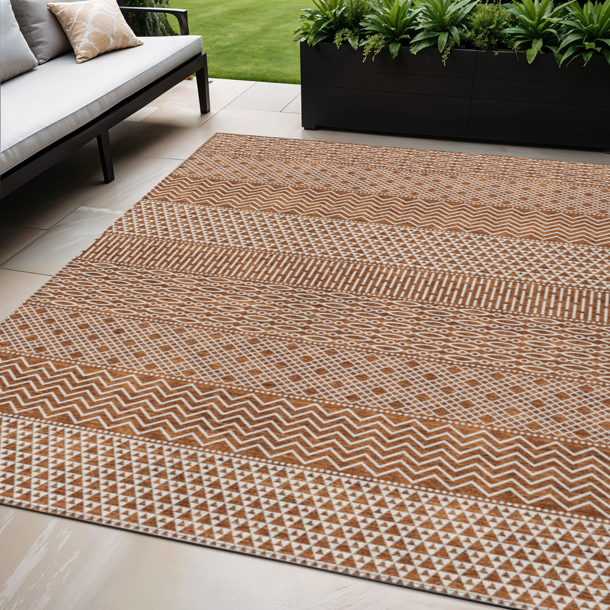 5' X 8' Orange And Ivory Chevron Washable Indoor Outdoor Area Rug-612287-1