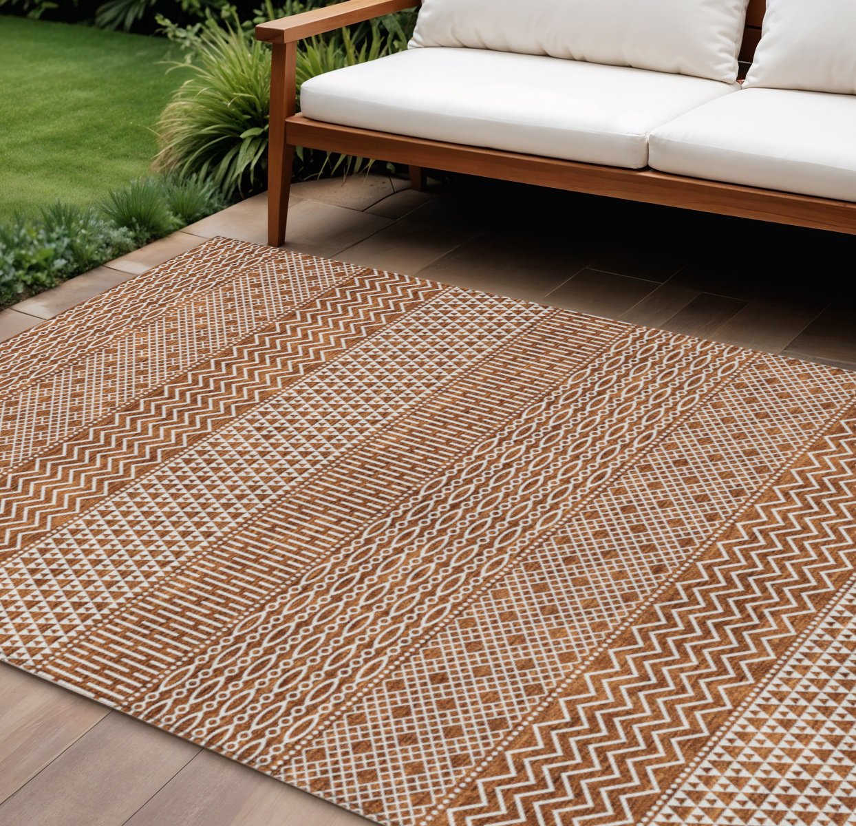 8' X 10' Orange And Ivory Chevron Washable Indoor Outdoor Area Rug-612289-1