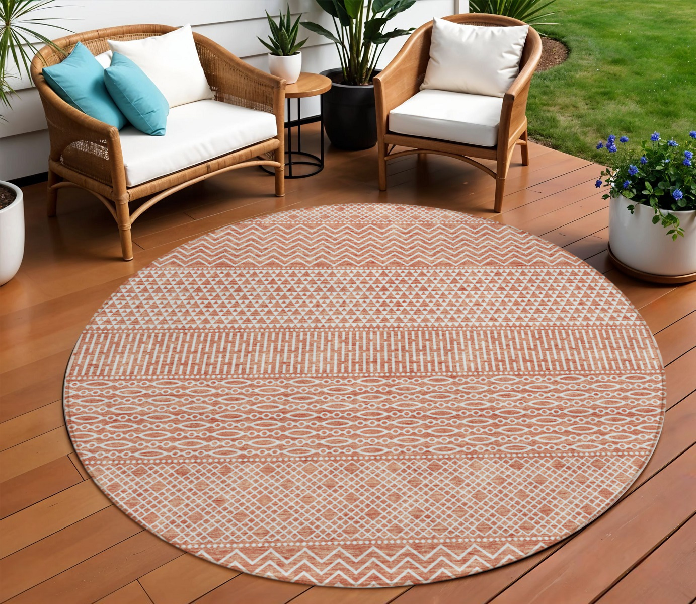8' Salmon And Ivory Round Chevron Washable Indoor Outdoor Area Rug-612294-1