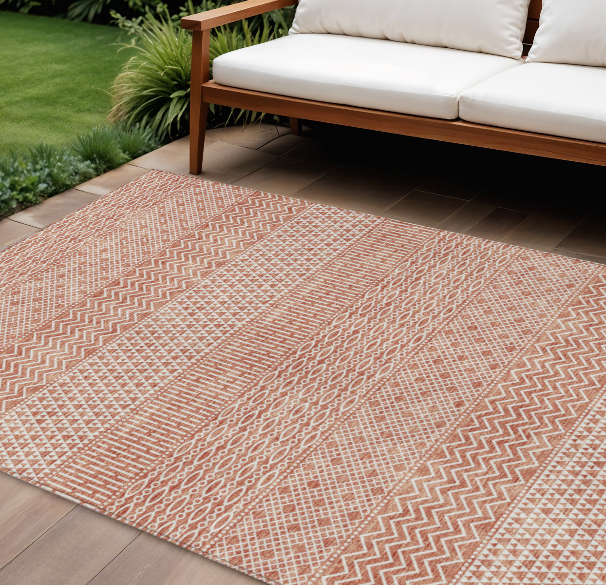 9' X 12' Salmon And Ivory Chevron Washable Indoor Outdoor Area Rug-612296-1