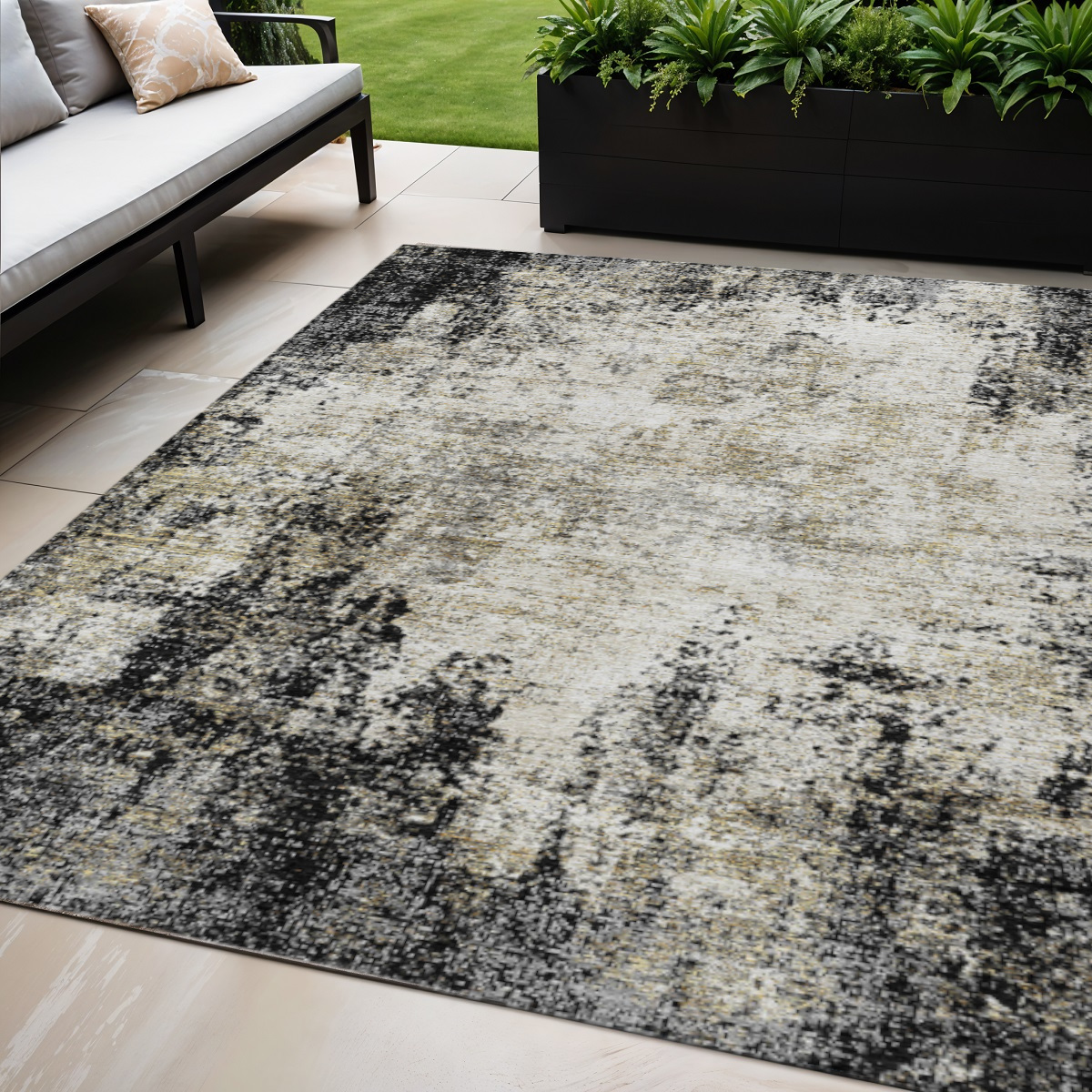 5' X 8' Black Ivory And Beige Abstract Washable Indoor Outdoor Area Rug-612305-1